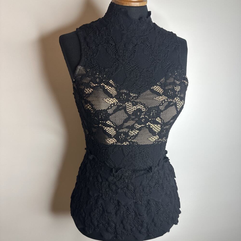 Nightcap Carisa Rene Black Lace Mock Neck Top Blouse Womens Size 2 Small Boho